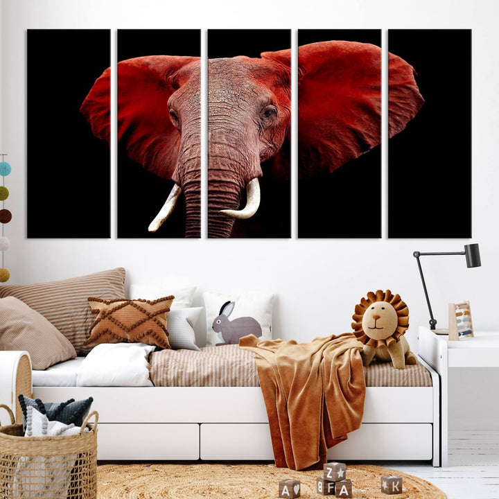 A Wall Art Canvas Print in the modern living room features a three-panel premium design of a red elephant face.