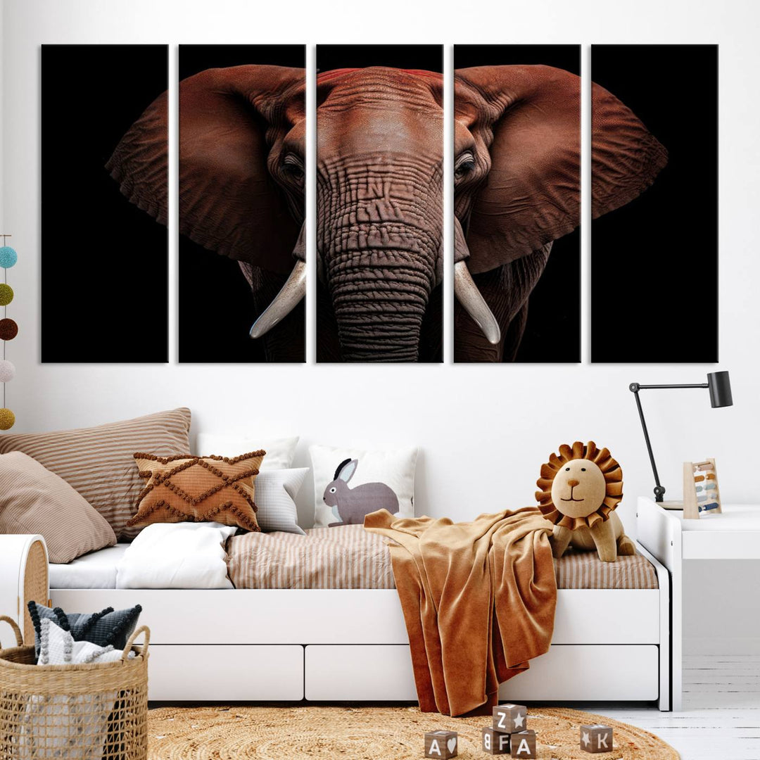 A stunning triptych titled "Wild Elephant Wall Art Canvas Print" beautifully enhances the wall above a contemporary living room. This Africa Savannah Wild Animal Wall Decor Print is of museum-quality, complete with a UV-protective coating to ensure its vibrancy and beauty are preserved for years.