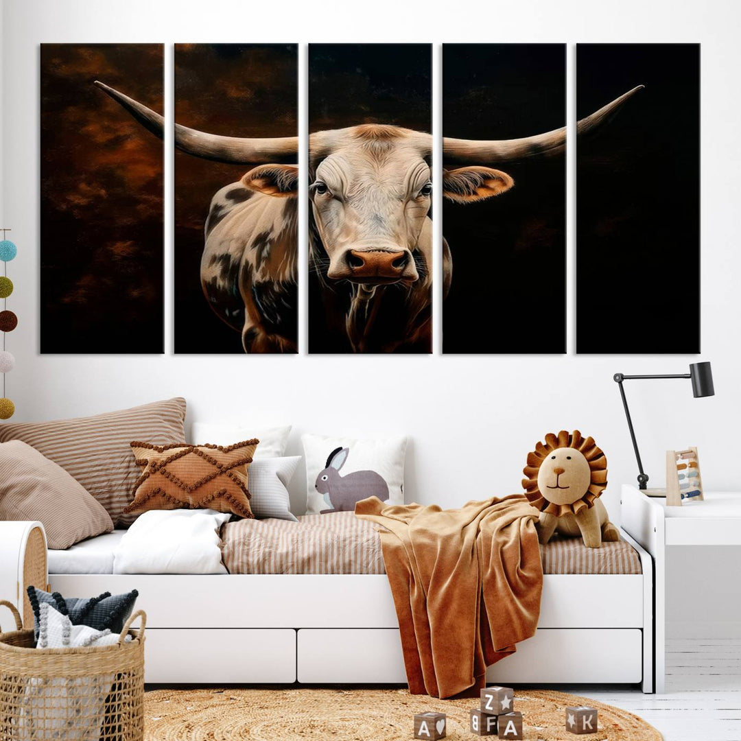 The Texas Longhorn Wall Art, a 3-panel large canvas print, infuses the room with a dash of cowboy charm.