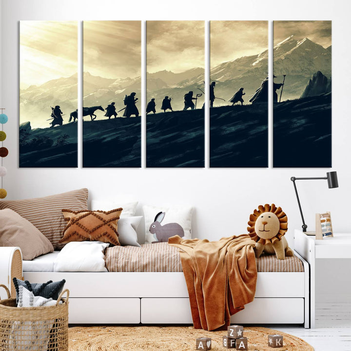 A canvas print titled "Lord of the Rings Silhouette Wall Art Capturing the Epic Quest Through Middle-Earth - The Fellowship's Journey" is displayed.