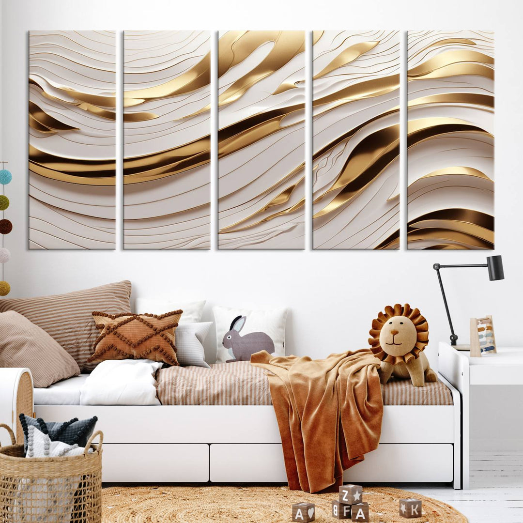 The "Gold and White Abstract Wave Canvas – Elegant Flowing Design with Luxurious Golden Accents" beautifully enhances the area and creates a stunning focal point in the room.