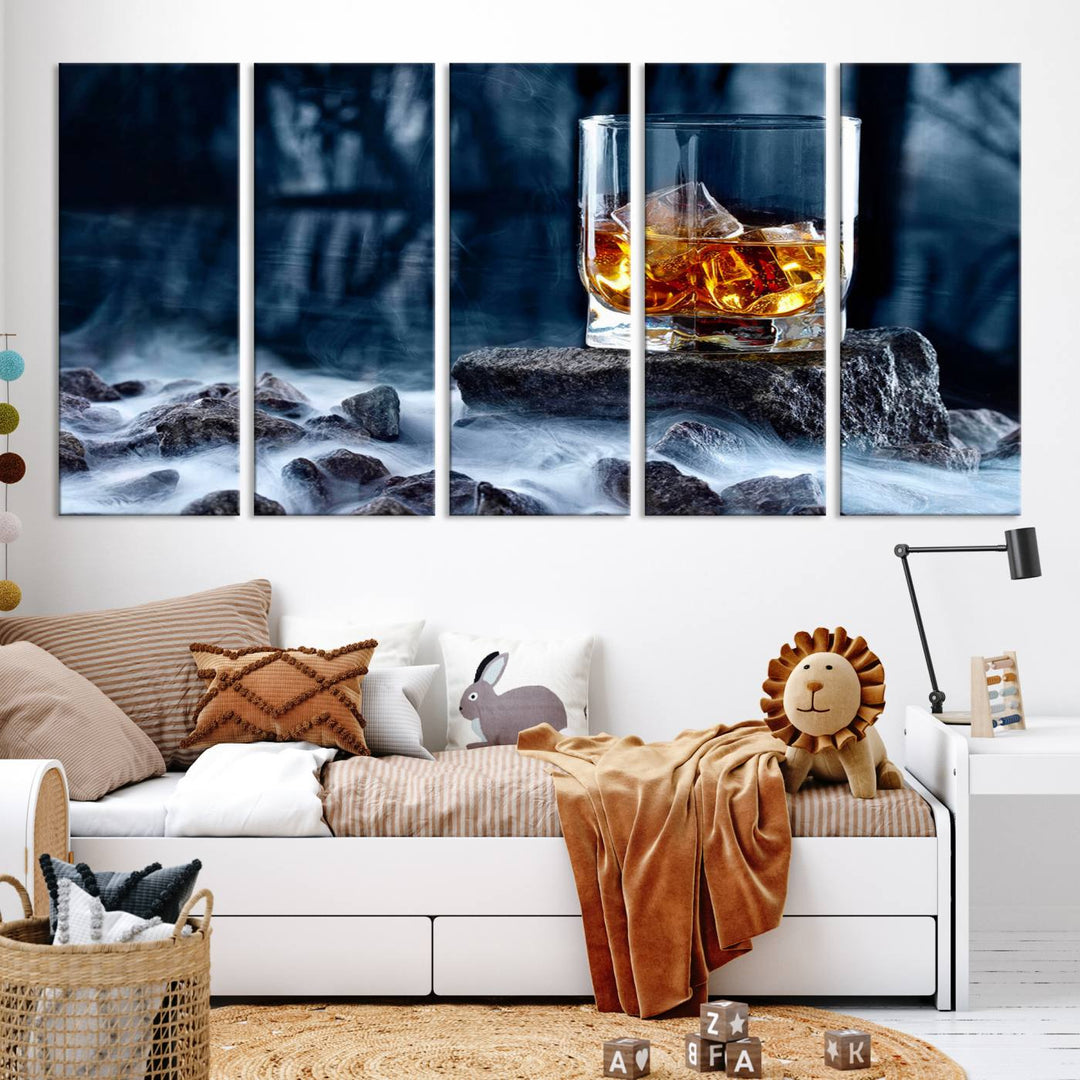 The Whiskey Ice Wall Art Canvas Print, a triptych featuring a glass of whiskey on the rocks, is crafted with a gallery-quality finish on premium canvas.