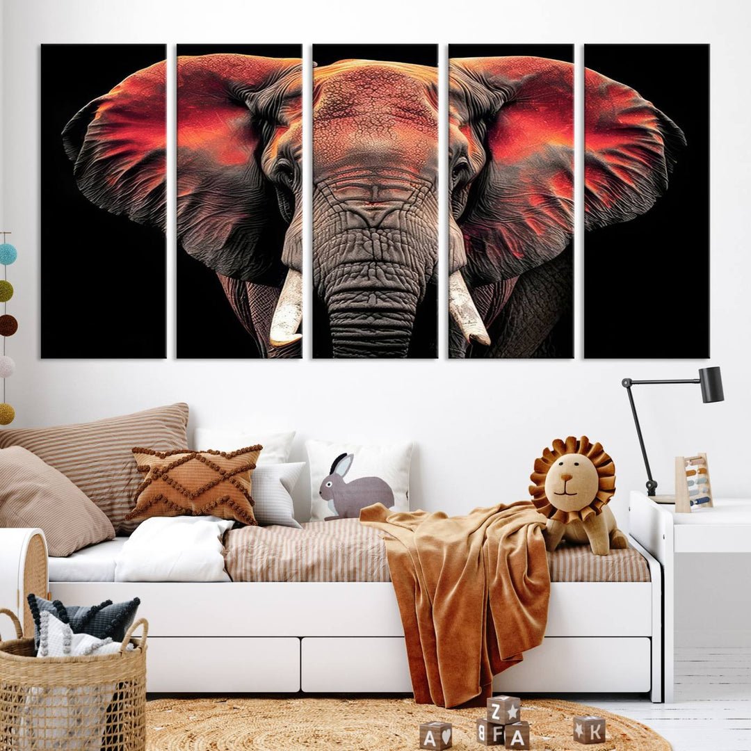 The Elephant Wall Art Canvas Print, featuring vibrant red and black tones, is a stunning artwork printed on museum-quality canvas. It comes with a UV-protective coating.