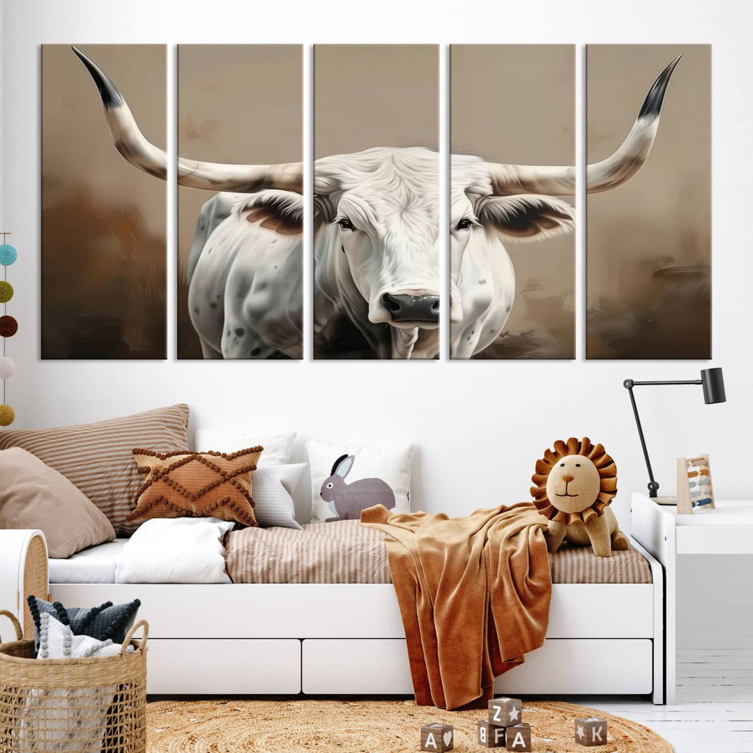 Texas Longhorn Canvas Wall Art features a triptych design on premium canvas with a gallery-quality finish.