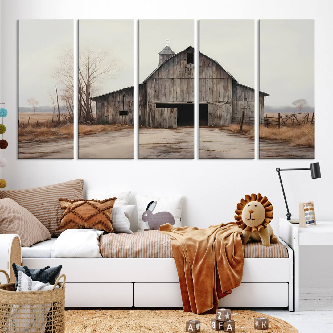 A framed and ready-to-hang Farmhouse Rustic Barn Wall Art Canvas Print is displayed against a gray wall. This stylish modern living room seamlessly combines rural life wall décor with contemporary comfort.