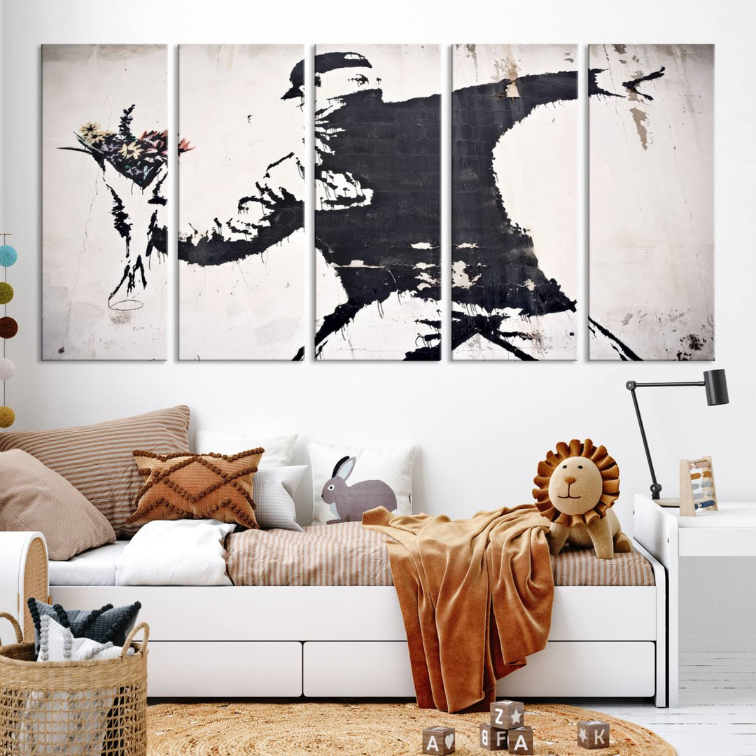 The living room features a split-panel art piece named "Banksy Flower Throw Graffiti Street Wall Art Canvas Print," gallery wrapped on museum-quality polycotton canvas and accentuated by modern decor elements.