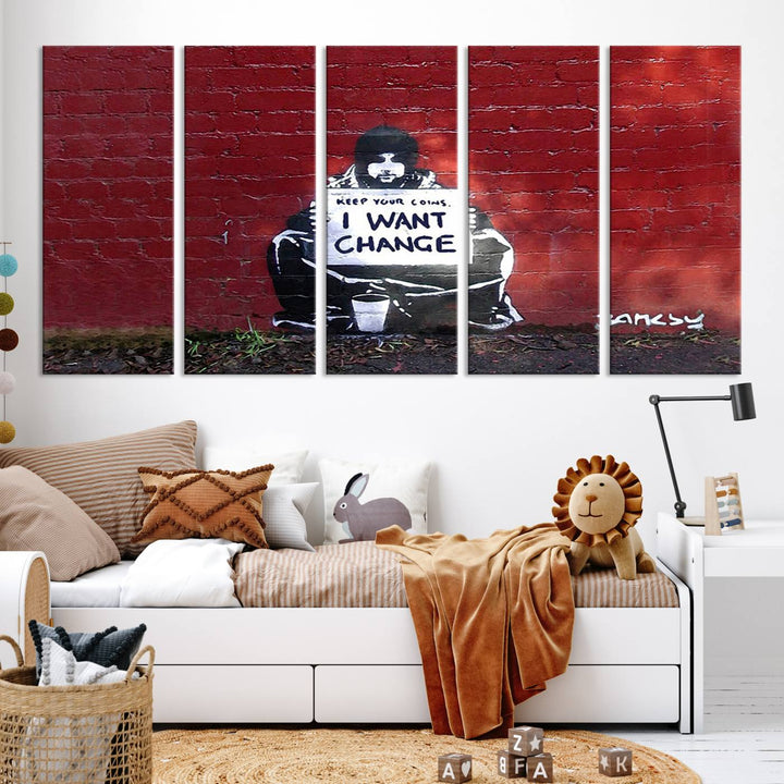 The living room showcases a triptych of stencil artwork on museum-quality canvas, featuring the Banksy I Want Change Graffiti Abstract Wall Art Canvas Print. This captivating piece depicts a person holding a sign that says "I want change" and is finished with a UV-protective coating to ensure long-lasting beauty.