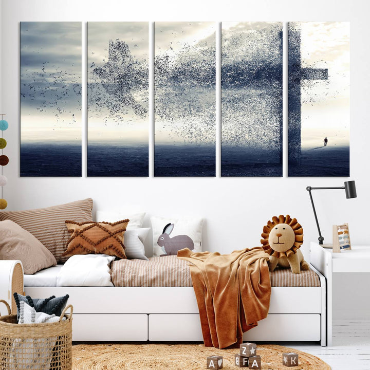 The "Jesus and the Fading Cross – Symbol of Faith" framed canvas print beautifully depicts a cross formed by birds against a moody sky above an ocean. This piece of Christian wall art infuses spirituality into the minimalist space.