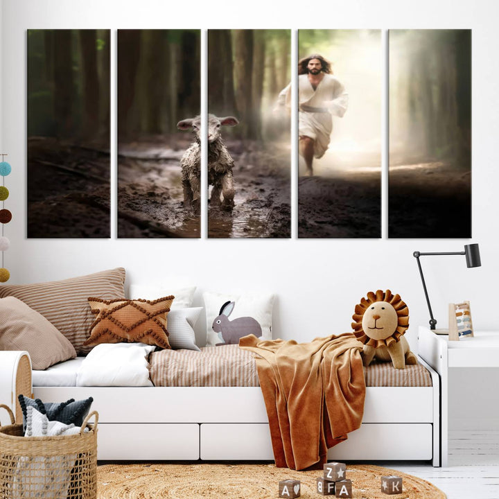 Discover the "Jesus Canvas Wall Art: Jesus Running After Lost Lamb," an exquisite triptych canvas piece that beautifully depicts Jesus in pursuit of a lost lamb within a forest setting. This artwork features a gallery-quality finish and is handmade in the USA, adding both charm and craftsmanship to your space. Perfect for Christian home decor enthusiasts.