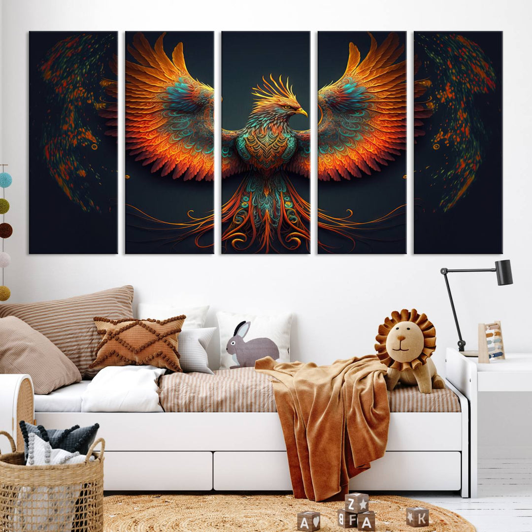 The Majestic Phoenix Wall Art Canvas Set, a fiery symbol of rebirth and strength, graces the wall.