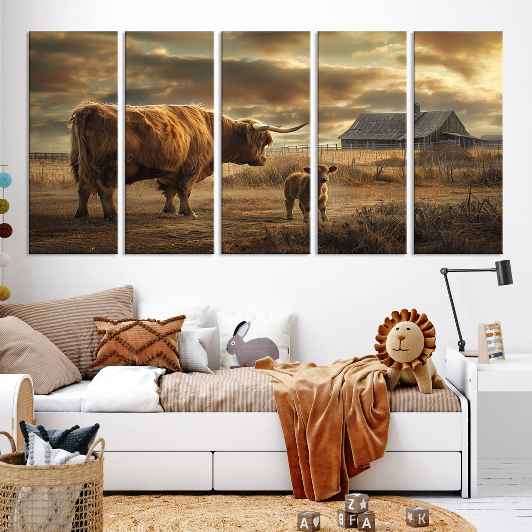 The living room features the "Highland Cow Canvas Wall Art Animal Print Pictures Fluffy Cattle Art," which captures a cow and calf in a rural sunset scene, adding gallery-quality charm.