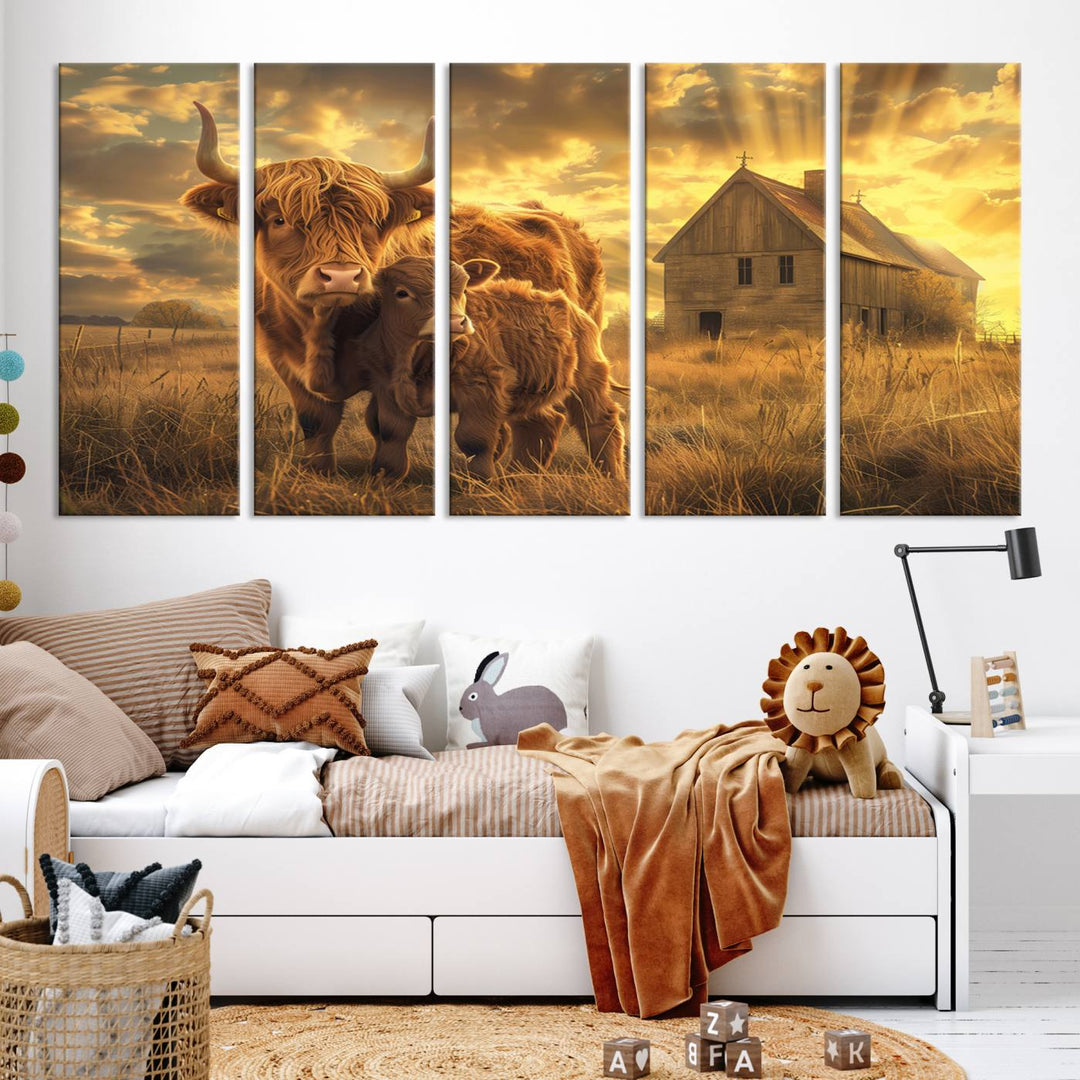 The room features the Barn and Highland Cow Canvas Wall Art Animal Print, a three-panel canvas depicting cows in a sunset field with a rustic barn backdrop. This handmade piece brings charm and character with its gallery-quality finish.