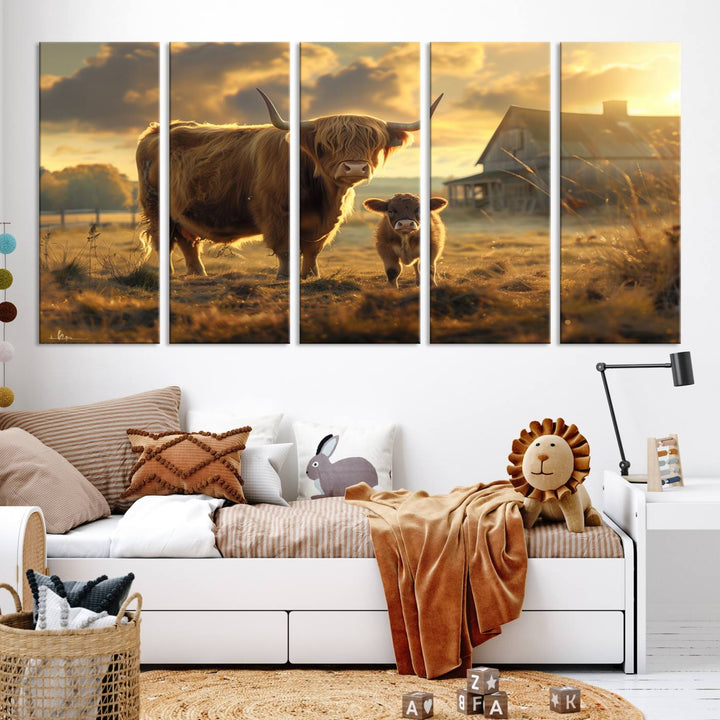 The "Highland Baby Cow Canvas Wall Art Animal Print" triptych art piece showcases a cow and calf in a sunlit field with a barn in the background.