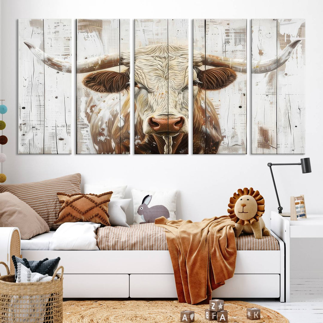 The dimly lit room is enhanced with Western charm by the Rustic Longhorn Bull Wall Art Canvas Set—Western-Inspired Farmhouse Décor, elegantly displayed on the wall.