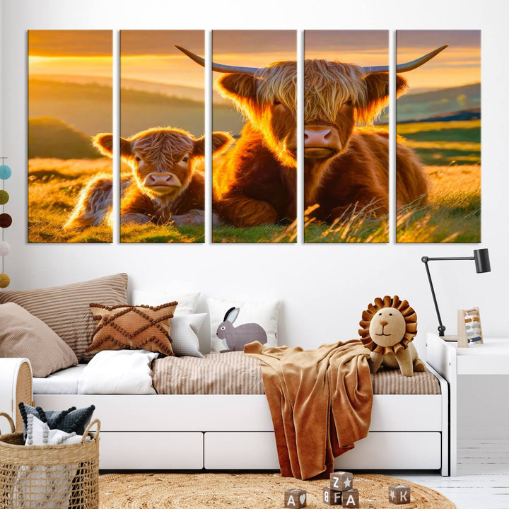 The living room showcases a gallery-quality finish with the Scottish Cow and Baby Cow Canvas Wall Art, featuring a charming animal print of fluffy cattle as the centerpiece. This stunning piece is displayed on premium canvas, creating an inviting atmosphere.