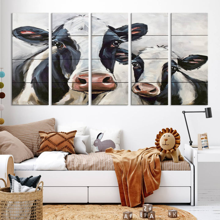 The Vintage Baby and Mom Cattle Wall Art Canvas Print is prominently displayed, adding a touch of contemporary and farmhouse decor to the modern living room.