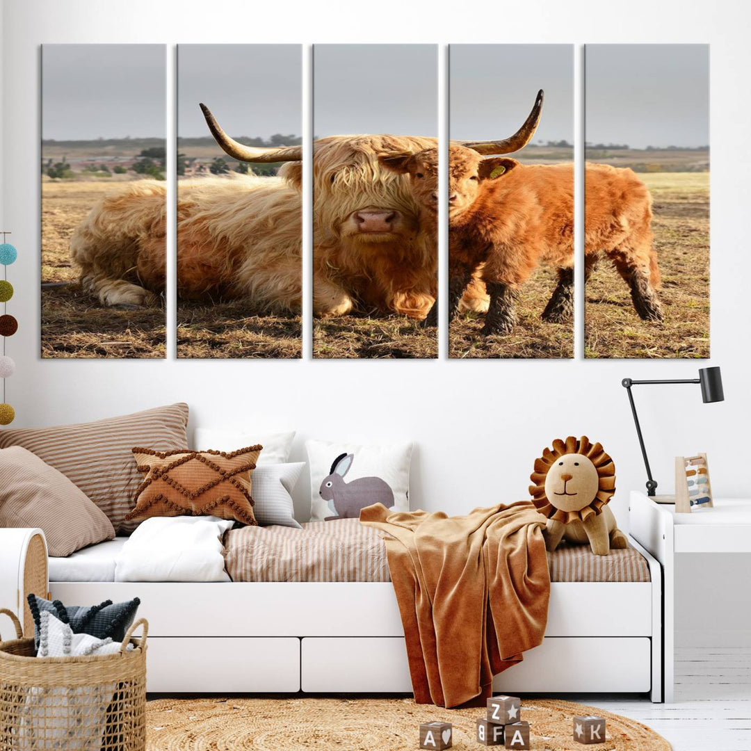 The three-panel canvas artwork, titled "Highland Cow Canvas Wall Art Animal Print for Farm House Decor," features a serene scene of a resting Highland cow and calf in a field. The piece highlights its gallery-quality finish.