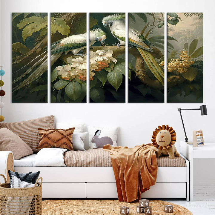 Crafted in the USA, this Tropical Paradise Print wall art features a stunning parrot amidst a lush forest and beautiful flowers.