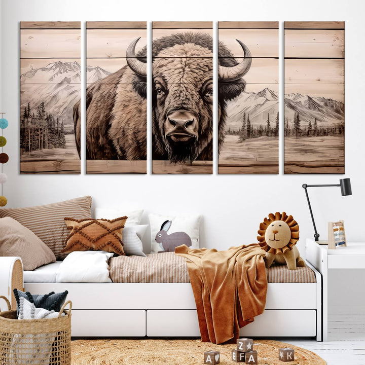 A stunning triptych artwork from the "Bison Canvas Wall Art American Buffalo Print Rustic Decor for Farmhouse Wall Art" collection graces the modern living room. Its vibrant colors are enhanced by museum-quality canvas and a UV-protective coating. The gallery-wrapped piece adds elegance to the space.