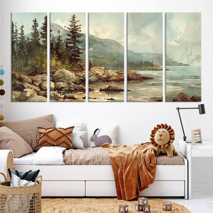 The living room features a breathtaking three-panel Abstract Acadia National Park Wall Art Canvas Print, which beautifully captures the rocky Maine coastline with trees and mountains.