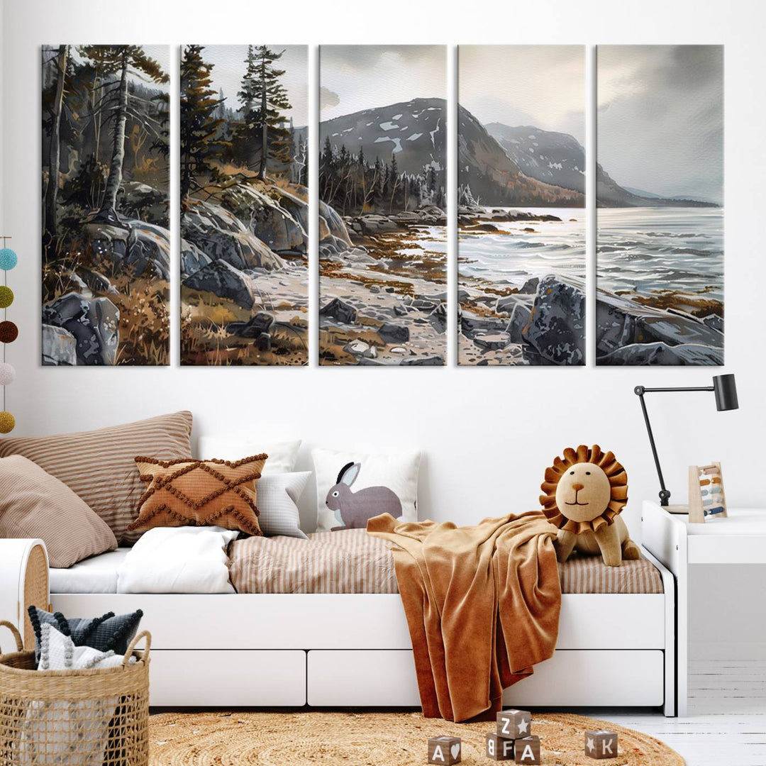 The stunning Serene Coastal View of Acadia National Park is a 3-panel wall art canvas print that beautifully captures a tranquil mountain and lake scene.