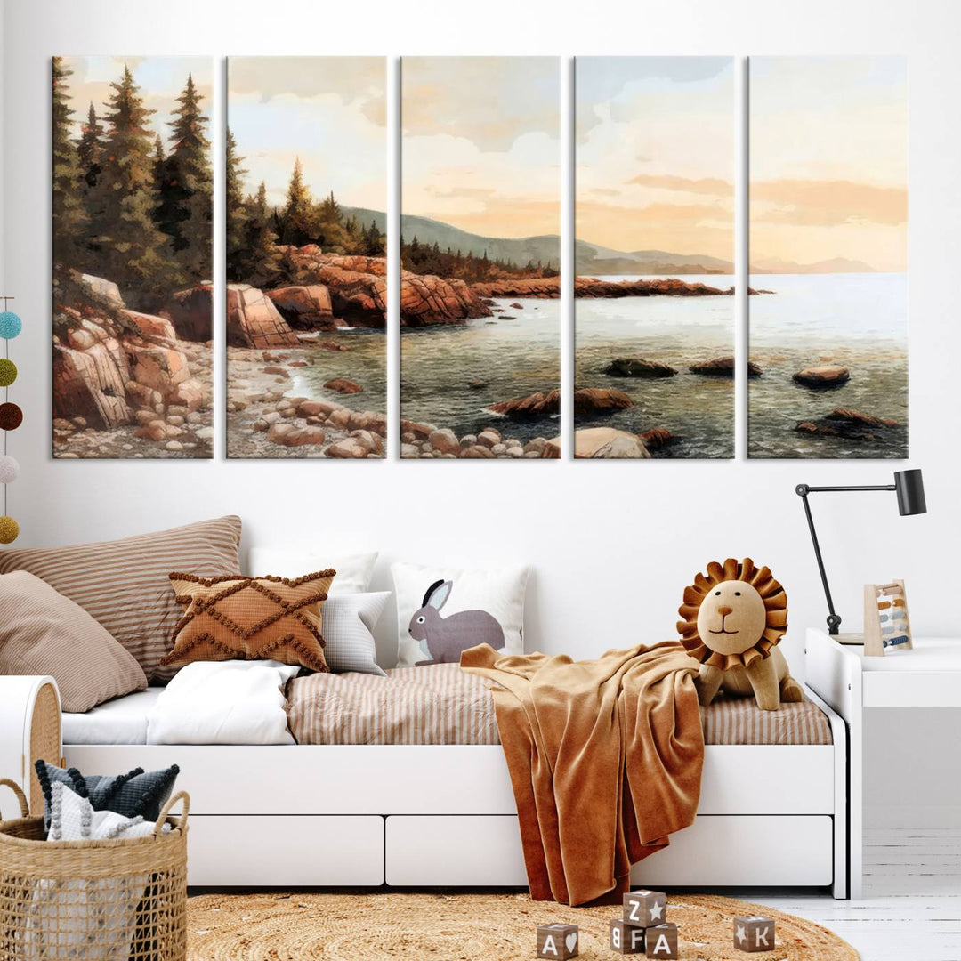 Serene Coastal View of Acadia National Park - Stunning 3-Panel Wall Art Canvas Print, Framed, Ready to Hang