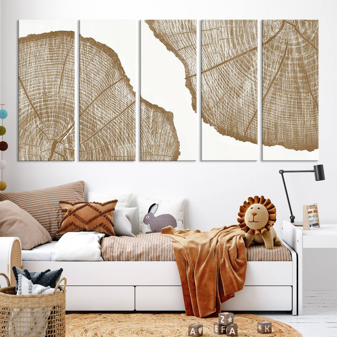 The "Rustic Brown Tree Ring Wall Art Canvas Print" in the living room adds an elegant, nature-inspired touch to the space.