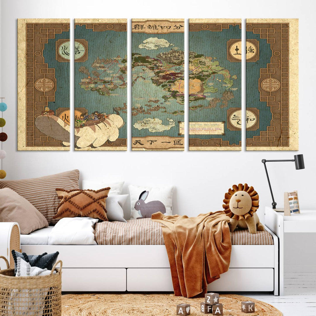 Hanging above is the Avatar: The Last Airbender Vintage Map - Wall Art Canvas Print, framed and ready to hang, showcasing an enchanting glimpse into the iconic four nations design.