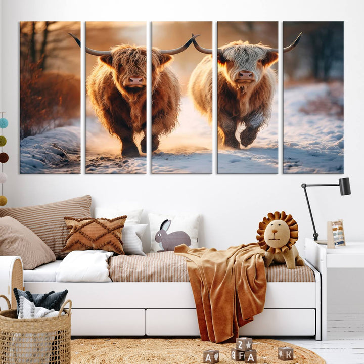 The living room showcases a triptych from the Scottish Highland Cow Horn Farm Wall Art Canvas Print collection, depicting two Highland cows running in the snow. Complementing this are handmade wall art pieces with a gallery-quality finish that add an elegant touch.