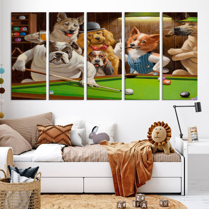 The "Dogs Playing Pool Canvas Wall Art" features a whimsical scene of dogs dressed as humans playing pool in a bar, presented as a three-panel display with a gallery-quality finish.