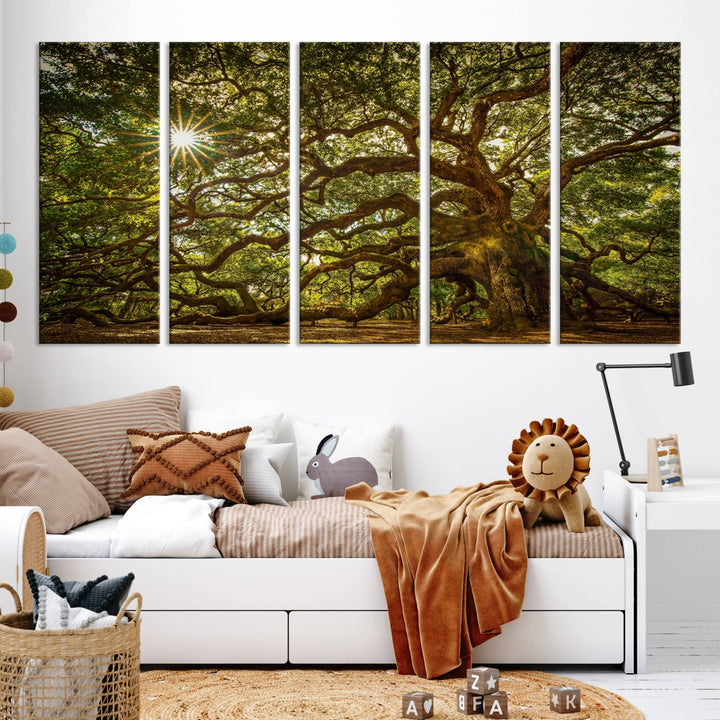 Ancient Angel Oak Tree Sunburst Wall Art - Nature-Inspired Triptych Canvas Print, Framed, Ready to Hang