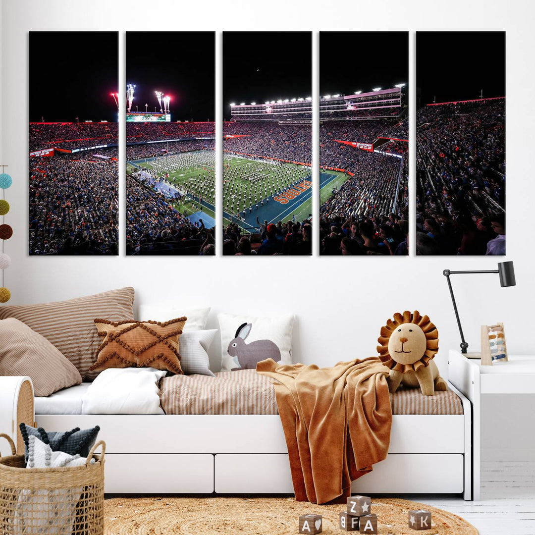 Ben Hill Griffin Stadium Night Game Triple Canvas Wall Art - Florida Gators Football Match