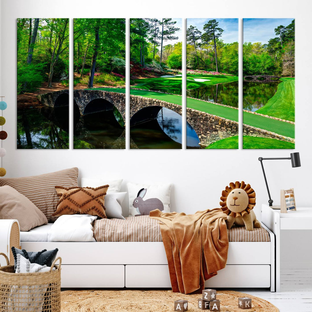 Augusta National Golf Club Wall Art - Panoramic Bridge & Lush Greenery – Premium Framed, Ready-to-Hang Triptych Canvas