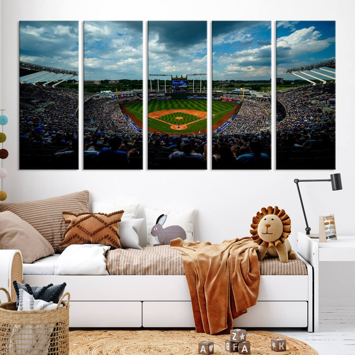 Kauffman Stadium Day Game Triple Canvas Wall Art - Kansas City Royals MLB Match