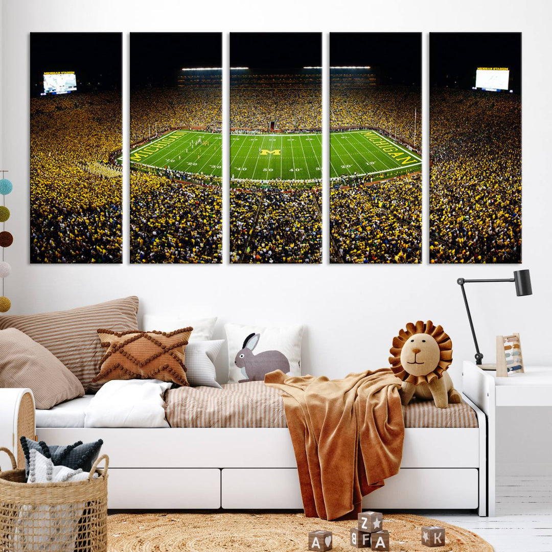 Michigan Wolverines Football Team Print - Michigan Stadium Night Game Triple Canvas Wall Art - University of Michigan Football Match