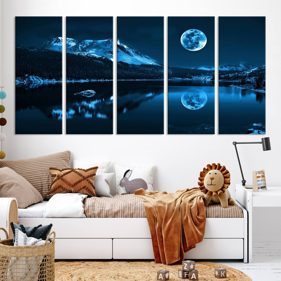 Blue Moon Mountain Lake Landscape Framed Wall Art Canvas Print