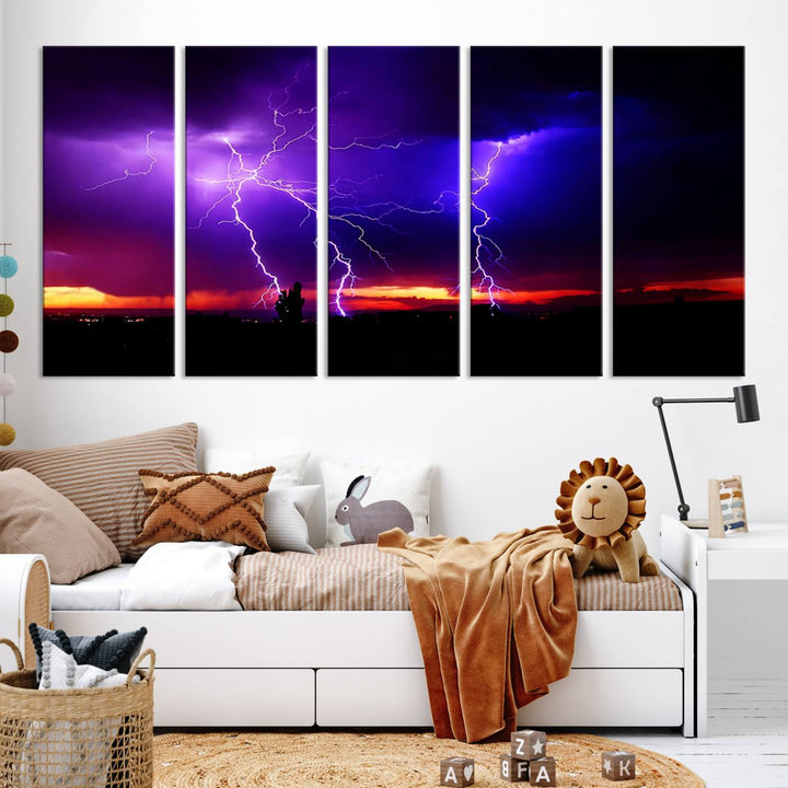 Electrifying Sunset Thunderstorm Canvas Print – Dramatic Lightning and Vibrant Sunset Wall Art