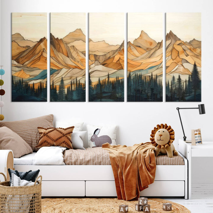 Rustic Wood Style Mountain Wall Art Print | Triptych Giclee Print Featuring Handcrafted Forest and Mountain Range Design | Framed Ready-to-Hang Print