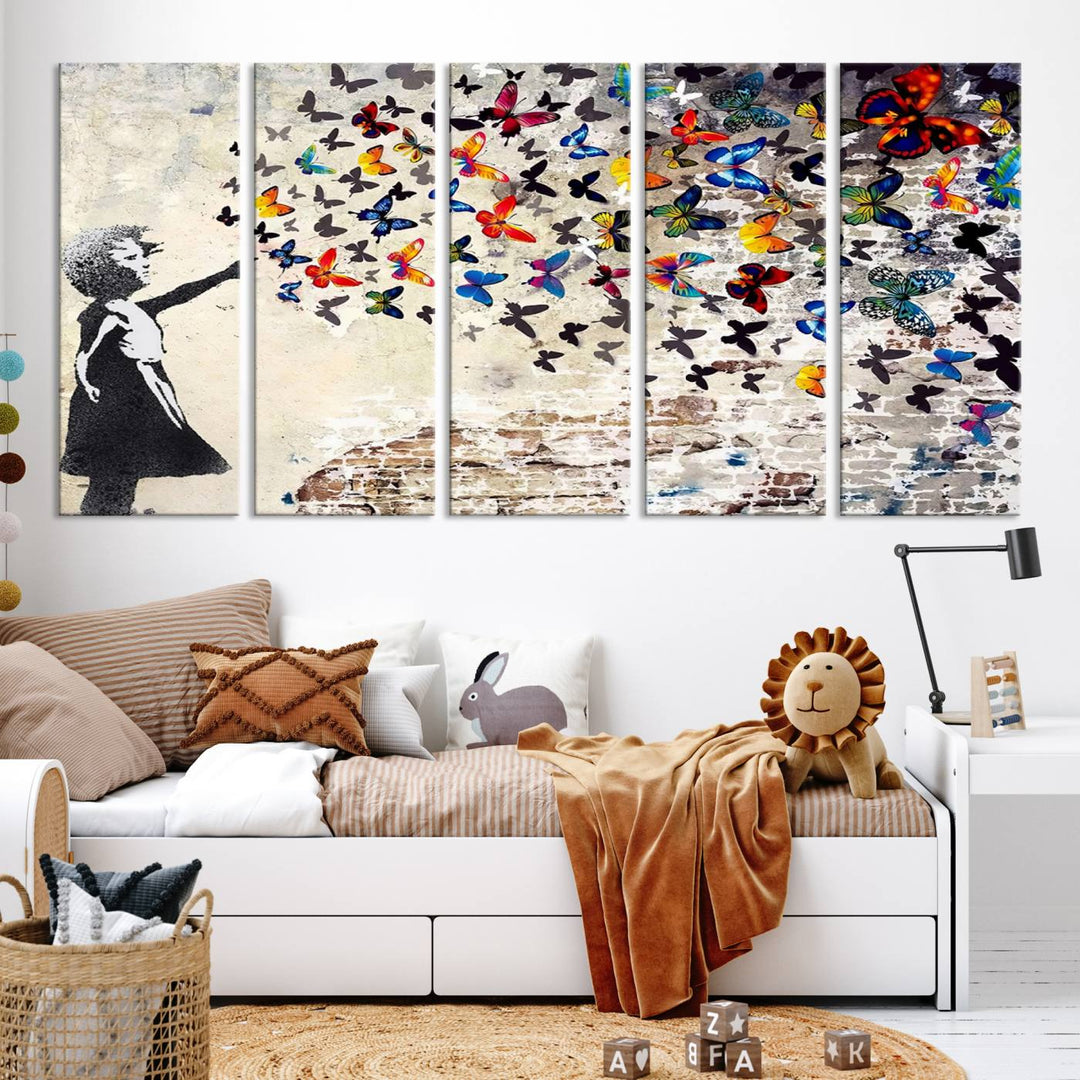 Banksy Style Girl with Butterflies Wall Art - Beautiful Framed Ready-to-Hang Triptych Canvas - Vibrant Butterfly Street Art for Modern Decor