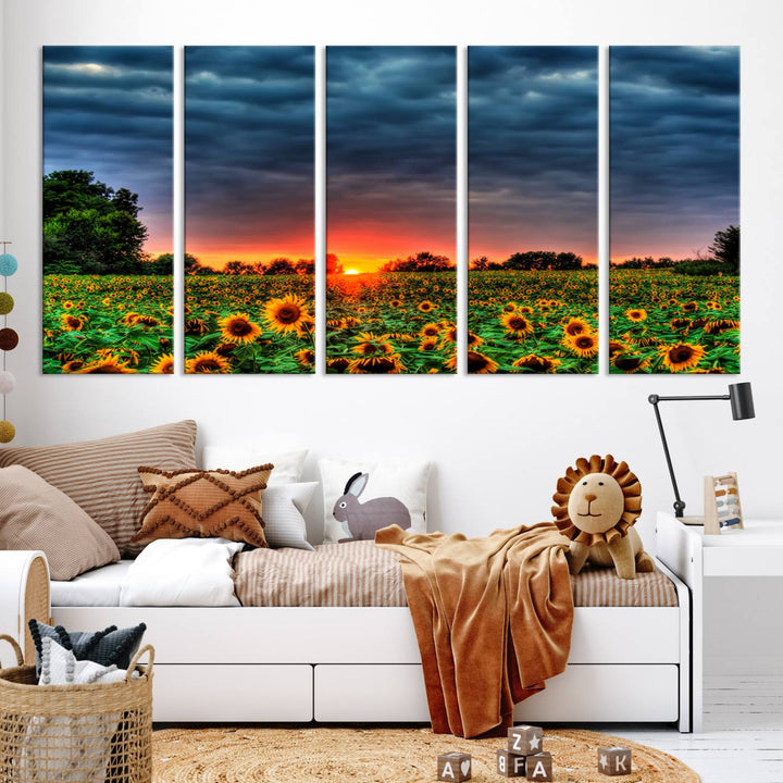 Golden Sunflower Field at Sunset – Breathtaking Sky and Vibrant Flowers, Ready to Hang Wall Art Canvas Print