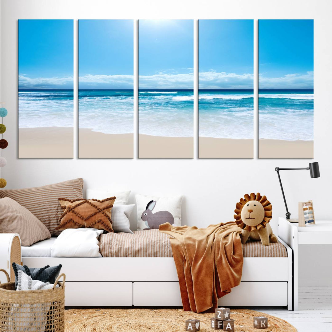 Lienzo decorativo para pared grande con estampado de mar y playa azul brillante