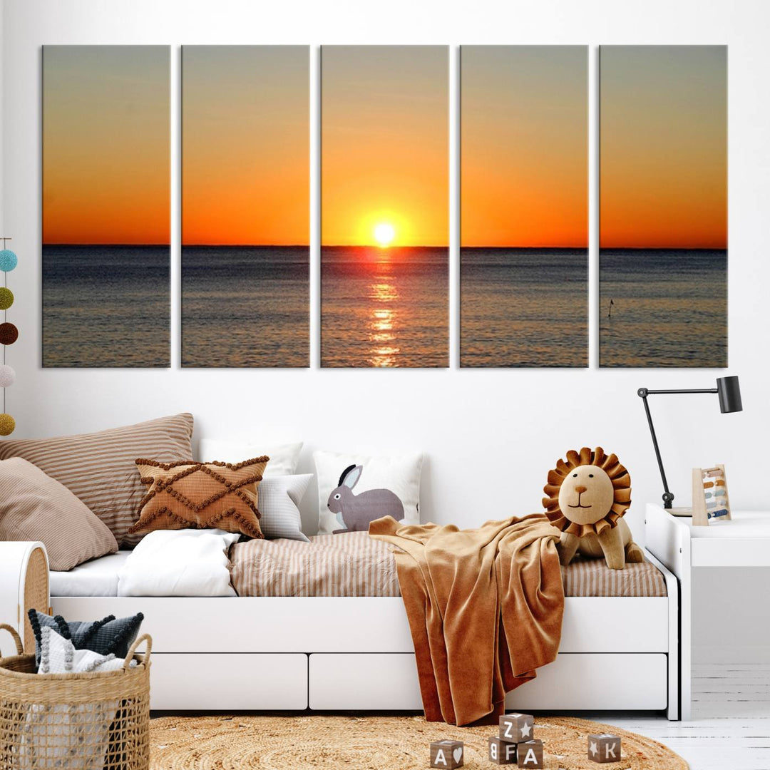 Golden Horizon Sunset Over Ocean Wall Art Canvas Print – Tropical Beach Canvas Wall Art – Giclee Print for Coastal Theme Decor Print