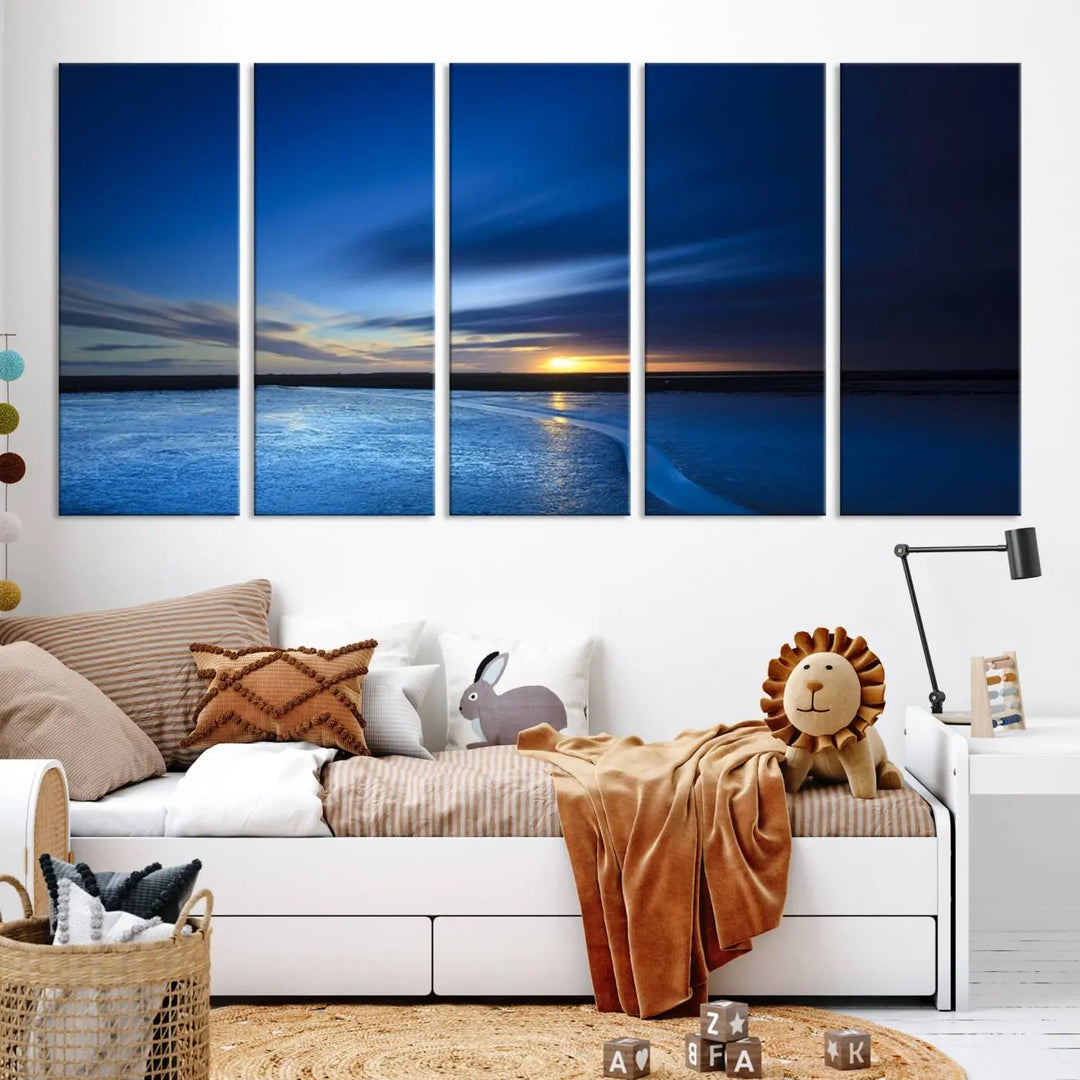 The living room features a triptych of the Wall Art Canvas Print Navy Sunset Lake Landscape Artwork, adding to its tranquil vibe.