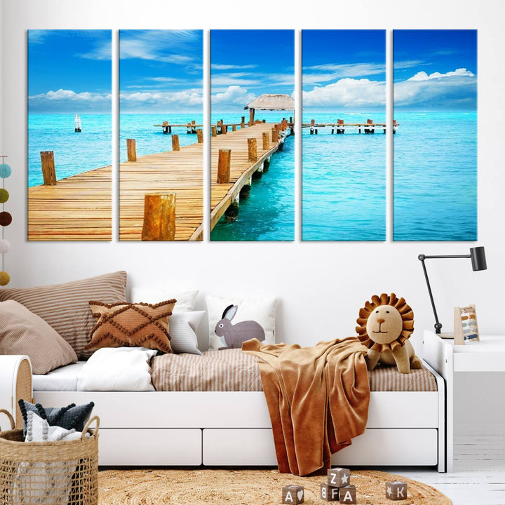 Tropical Pier Triptych Wall Art, Stunning Turquoise Ocean and Wooden Dock Canvas Print, Coastal Beach House Decor, Ocean View Canvas Art