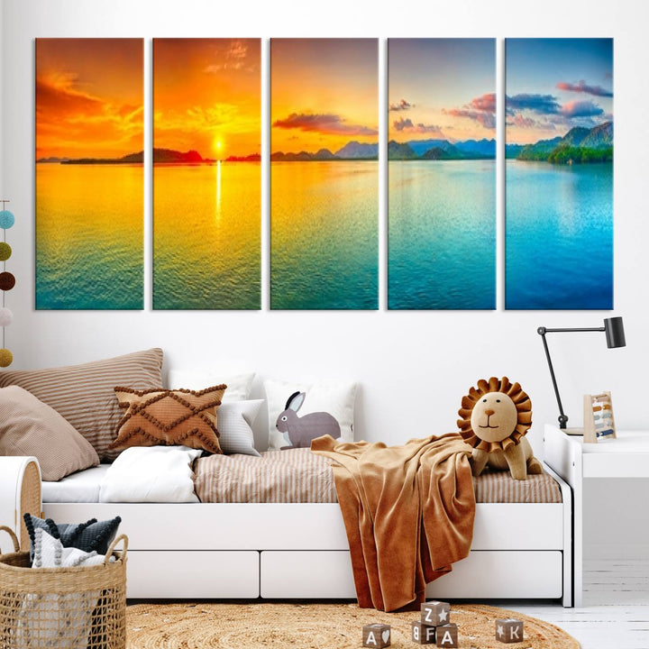 Impresión en lienzo de arte de pared grande, puesta de sol colorida, mar y montaña para decoración de sala de estar