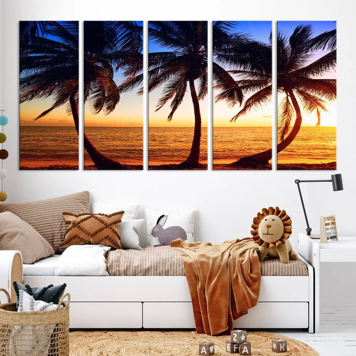 The living room features a wall adorned with the "Wall Art Canvas Curve Palms at Sunset on Beach," showcasing gallery-wrapped, museum-quality canvases in a stunning triptych.