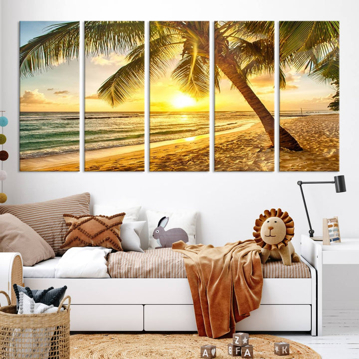 Wall Art Canvas Print Palm on Beach at Bright Sunset