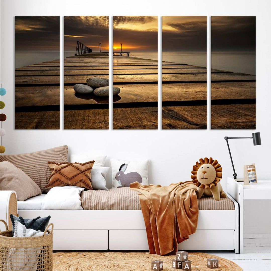 Stones on Wooden Pier at Sunset Wall Art Canvas