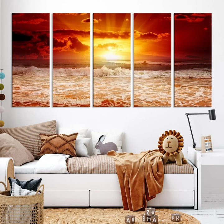 In a modern living room, the vibrant "Wall Art Canvas Perfect Sunset Turns Colour of Sea and Sky to Red," printed on museum-quality canvas, stands out. A floor lamp casts warm light over the ready-to-hang artwork, which includes a UV-protective coating to ensure lasting brilliance.