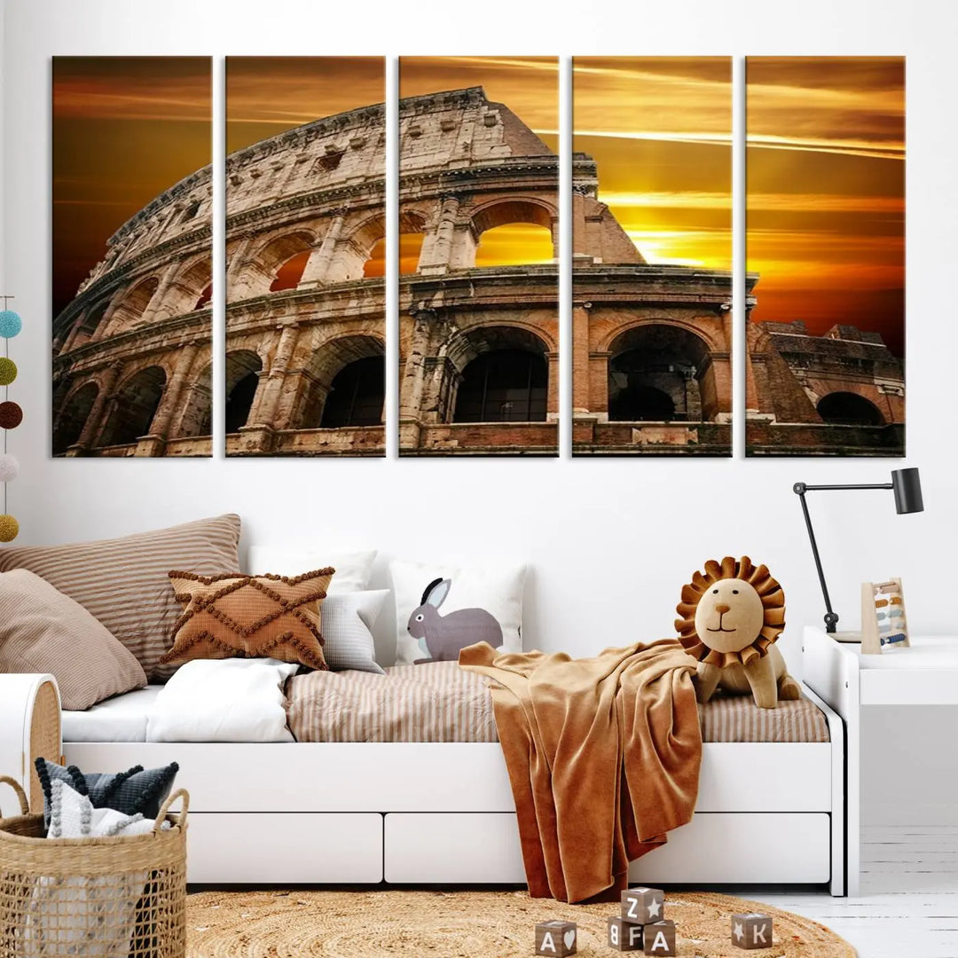 A three-panel canvas titled "Colosseum with Yellow Sunset Behind, Italy," protected with a UV-coating, is elegantly displayed.